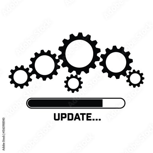 Black Gears and Loading Bar with Update Text on White Background