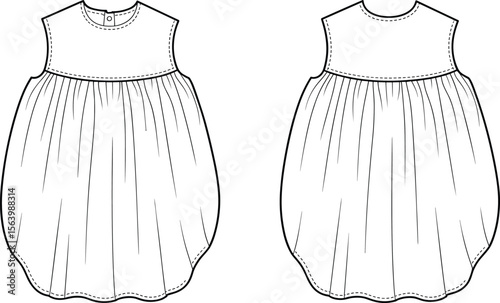Baby dress fashion design, sewing illustration front and back view, stylish sleeveless outfit, template for kids garment pattern