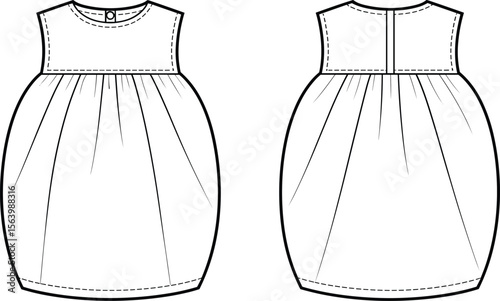 Baby dress pattern for sewing, front and back view, fashion template, garment design illustration, DIY clothing, Adobe Stock image