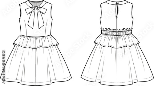 Fashion sketch of sleeveless peplum dress with bow detail, elegant formal wear illustration, flared skirt front and back design