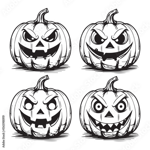 A set of four scary jackolanterns with carved faces are isolated on white background