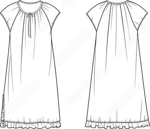 Elegant nightgown fashion illustration, front and back view, detailed sketch, sleepwear design concept, garment artwork, stylish clothing template, Adobe Stock