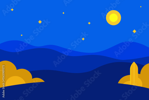 Here's one sentence describing the image:

Moonlit night landscape with a serene ocean, starry sky, and gentle waves washing onto a sandy beach