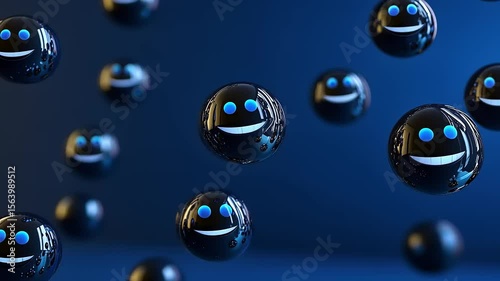 Playful black spheres with smiling faces floating against a blue background, creating a whimsical atmosphere
