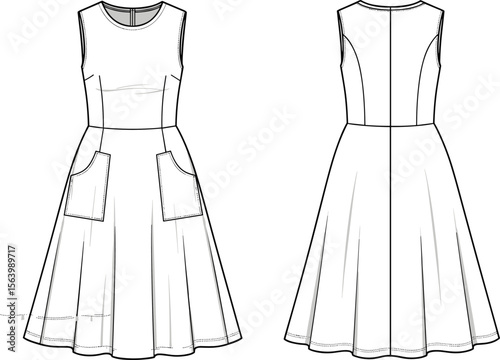 Fashion illustration of sleeveless dress design with front and back views, pocket detail, apparel sketch template for designers and sewing reference
