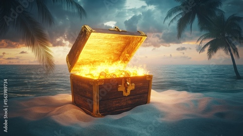 Treasure chest on beach at sunset