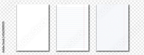 Blank lined notebook paper sheets isolated on transparent white background. Ideal for school, office, journaling, note-taking, and stationery design projects
