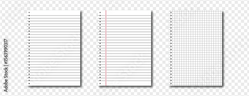 Blank lined notebook paper sheets isolated on transparent white background. Ideal for school, office, journaling, note-taking, and stationery design projects