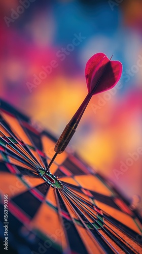 Close-Up of Dart Hitting Bullseye on Colorful Dartboard with Blurred Background