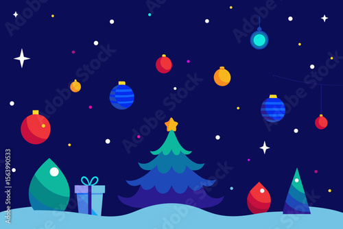 Christmas night landscape with festive winter trees and falling snow, a perfect holiday illustration