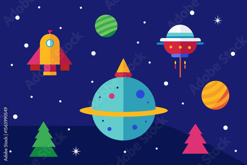 Here's a single sentence for naming an image combining your elements:

A festive cartoon rocket spaceship flying past a snowy Christmas tree on a starry winter night with the moon and a tiny UFO