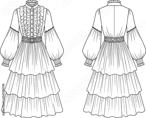 long sleeve dress, tiered skirt, elegant historical garment, classic clothing design, retro elegance