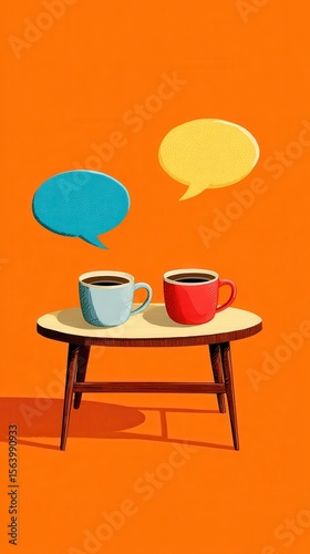 Two Colorful Coffee Cups on Table with Speech Bubbles in Bright Orange Background