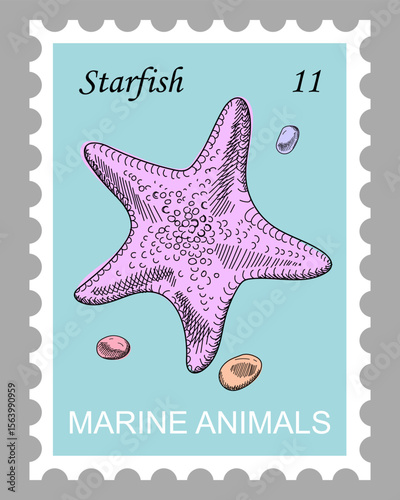 Postage stamp with starfish and pebbles. Pink starfish on sky blue background.  Marine hand drawn vector. Cartoon. Sketch style.
