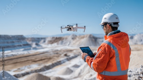 A drone operator in safety gear is controlling a drone over a mining site. The operator focuses on the tablet display, managing the operation amidst rugged terrain and clear skies