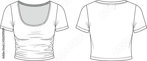 view, stylish scoop neck design, ruched detail, illustration, trendy apparel sketch, vector art.