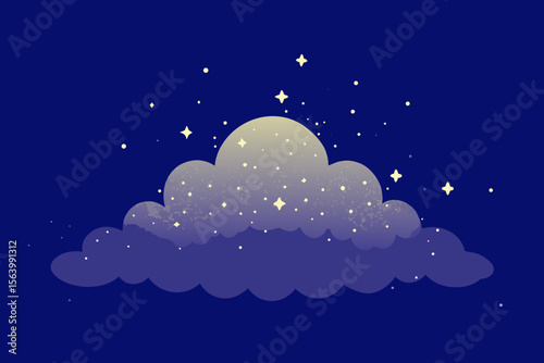 Night sky illustration with stars and moon, featuring a blend of clouds and celestial patterns