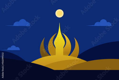 Sun and moon vector illustration of a fiery sunset over a mountain and sea landscape with a boat sailing on the water