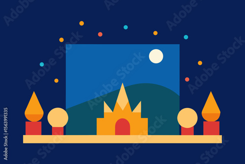 A vector illustration of a Christmas night city landscape with snow-covered houses and a moonlit sky, featuring a festive winter village scene
