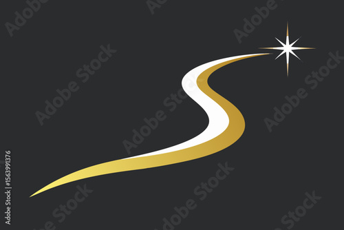 A long, winding asphalt road journeys towards the horizon, lined with stars and stripes, symbolizing a path to success