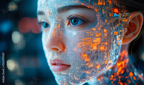 Close-up of futuristic female cyborg face with blue eyes and glowing digital circuitry integrated into skin, artificial intelligence concept