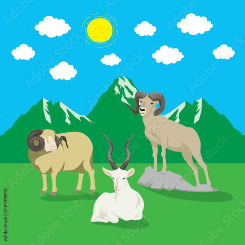 An idyllic scene featuring three adult animals two goats, one sheep standing together in a pastoral, green grass forest mountains background, clear blue sky, fluffy white clouds, bright sun