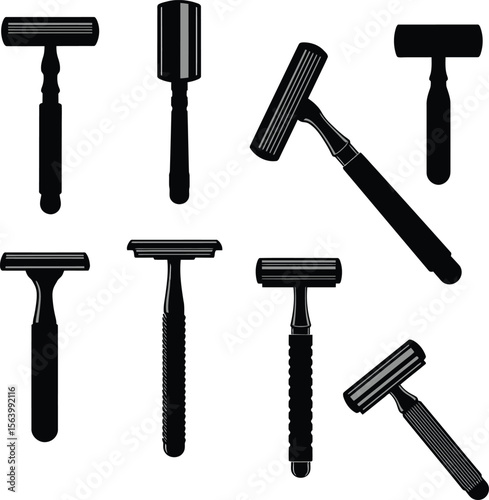 Classic Shaving Razors and Brush Silhouettes Vector Set, Men's Grooming Tools Collection, Traditional Personal Care Essentials for Barber Shop Concepts.
