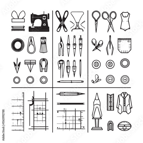 A set of sewing and tailoring tools and equipment icons isolated on white background