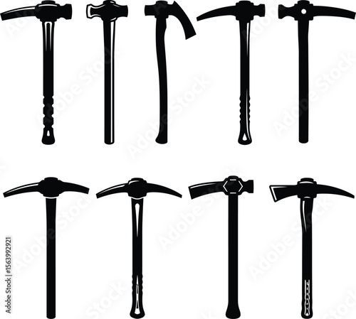Mining Pickaxe Silhouettes Vector Set, Construction and Archeology Tools Collection, Essential Digging Instruments for Labor and Exploration Concepts.