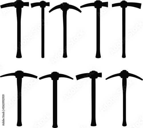 Mining Pickaxe Silhouettes Vector Set, Construction and Archeology Tools Collection, Essential Digging Instruments for Labor and Exploration Concepts.