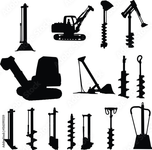 Vector illustration set of heavy construction machinery and drilling equipment, including excavators, augers, and post hole diggers, representing excavation, foundation, and earthwork concepts.