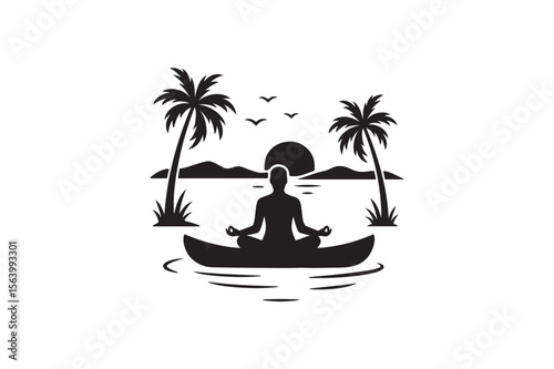 Silhouette of Person Meditating in a Canoe on a Calm Tropical Lake at Dawn silhouette on white background.01