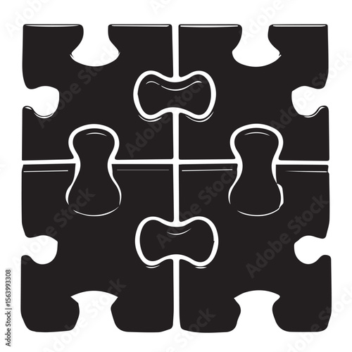 A black and white graphic of four jigsaw puzzle pieces connected to form a square, isolated on white background