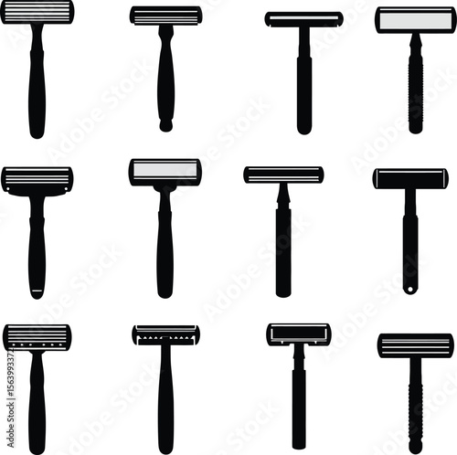 Vector illustration set of diverse safety razors for shaving and hair removal, personal grooming tools, classic and modern designs, hygiene concept on white background