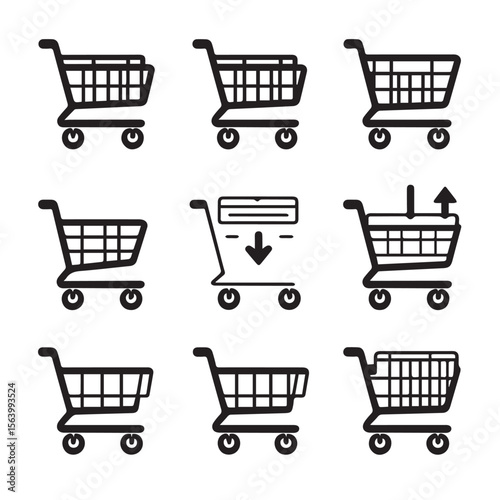 A collection of black and white shopping cart icons with various actions, including adding items and credit card payment, isolated on white background