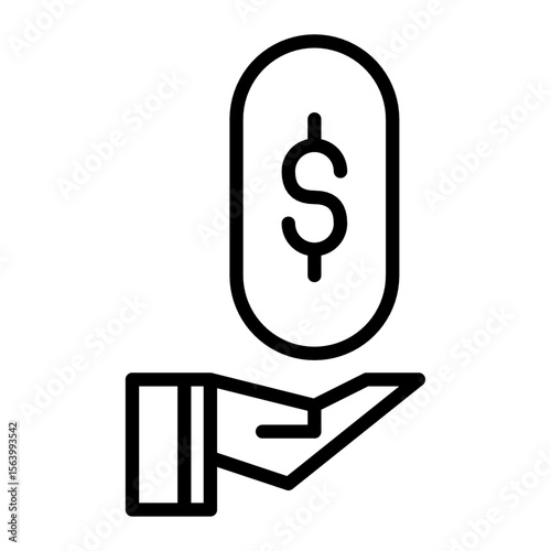 icon of an open hand with a gold coin above, representing financial support, donation, receiving money, or offering payment.