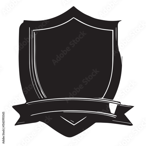 A bold black shield with a ribbon banner isolated on white background, perfect for heraldic designs and vintage emblems