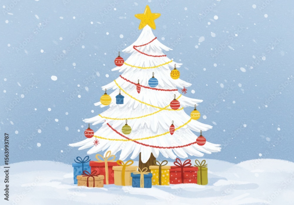 Obraz premium Festive white christmas tree adorned with ornaments and gifts in gentle snowfall