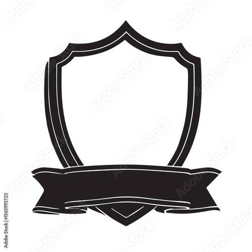 A simple black shield with a ribbon banner isolated on white background, suitable for heraldic designs and vintage emblems