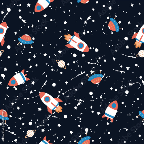 Seamless print with spaceships, planets, stars, rockets and splash
