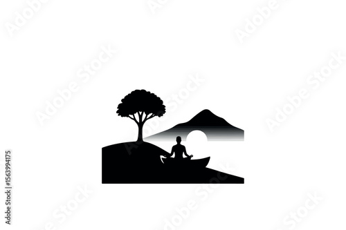 Solitary Tree on a Green Hill Against a Misty Mountain silhouette on white background.01