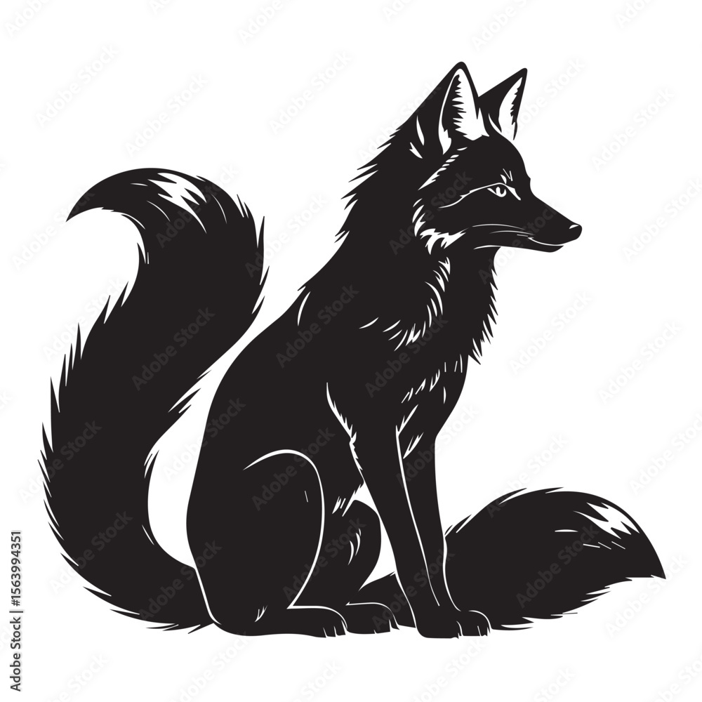 Obraz premium A sleek fox sits alert, its silhouette sharply defined against a white backdrop