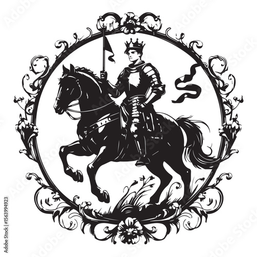 A crowned knight in full armor rides a horse within an ornate frame, holding a flag