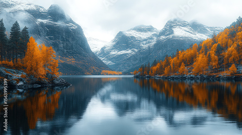 Autumnal mountain lake, serene reflection