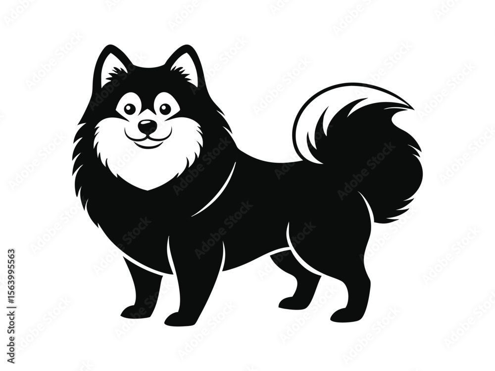 Fototapeta premium Keeshond dog silhouette vector illustration, pet clipart, black and white animal shape