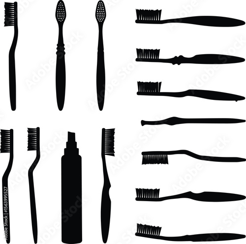 Oral Hygiene Tools Silhouettes Vector Set, Dental Care Products and Bathroom Essentials Collection, Toothbrushes & Soap Dispenser for Health Concepts.