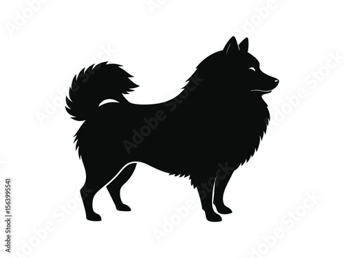 Keeshond dog silhouette vector illustration, pet clipart, black and white animal shape