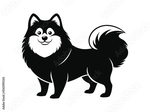 Keeshond dog silhouette vector illustration, pet clipart, black and white animal shape
