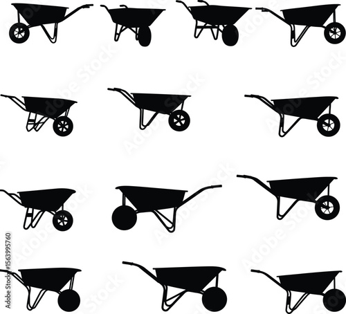Garden Wheelbarrow Silhouettes Vector Set, Construction Site Equipment & Farming Tools Collection, Various Styles for Agricultural and Building Industry Designs.