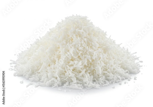A pile of fluffy white shredded coconut on a clean white background